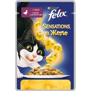 Felix® SENSATION! Аппетитные кусочки с уткой в желе c добавлением шпината для взрослых кошек