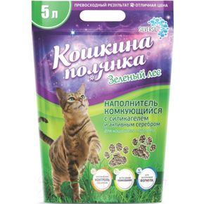 Наполнитель Кошкина Полянка с силикагелем и активным серебром,зеленый лес,комкующийся