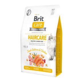 Brit Care Cat Grain Free Haircare Healthy & Shiny Coat «Красивая кожа и шерсть» - гипоаллергенный корм со свежим мясом лосося для взрослых кошек, шерсть которых требует дополнительного ухода.