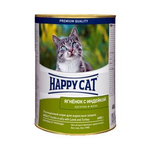 HAPPY CAT Влажный корм для взрослых кошек с ягненком и индейкой кусочки в желе 400 гр