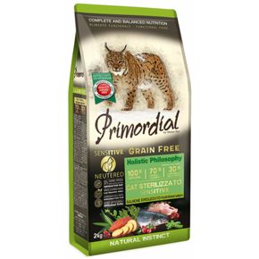 Primordial Holistic Grain Free Neutered Sensitive Salmon - Примордиал Неутеред - для взрослых кастрированных котов и стерилизованных кошек имеющих чувствительное пищеварение с лососем