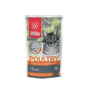 BLITZ Classic Poultry Adult Cat - Паучи Курица с индейкой — влажный корм для взрослых кошек, кусочки в желе