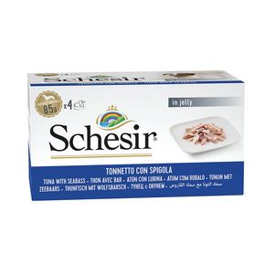 Schesir Dog Adult Tuna with Seabass in jelly - влажный корм для собак тунец с морским окунем в желе (мультиупаковка 4*85 гр)