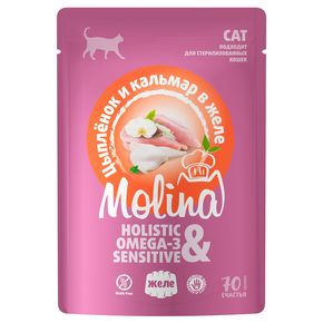 Molina - Молина Пауч для взрослых кошек. Цыпленок и кальмар в желе, 70 гр