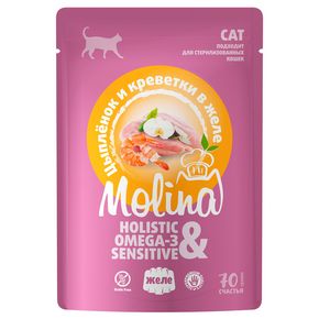 Molina - Молина Пауч для взрослых кошек. Цыпленок и креветки в желе, 70 гр