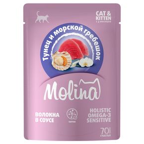 Molina - Молина Пауч для котят и взрослых кошек.Тунец и морской гребешок в соусе, 70 гр