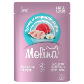 Molina - Молина Пауч для котят и взрослых кошек.Тунец и морской окунь в соусе, 70 гр